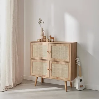 Commode bébé 4 portes bois naturel cannage Bohème