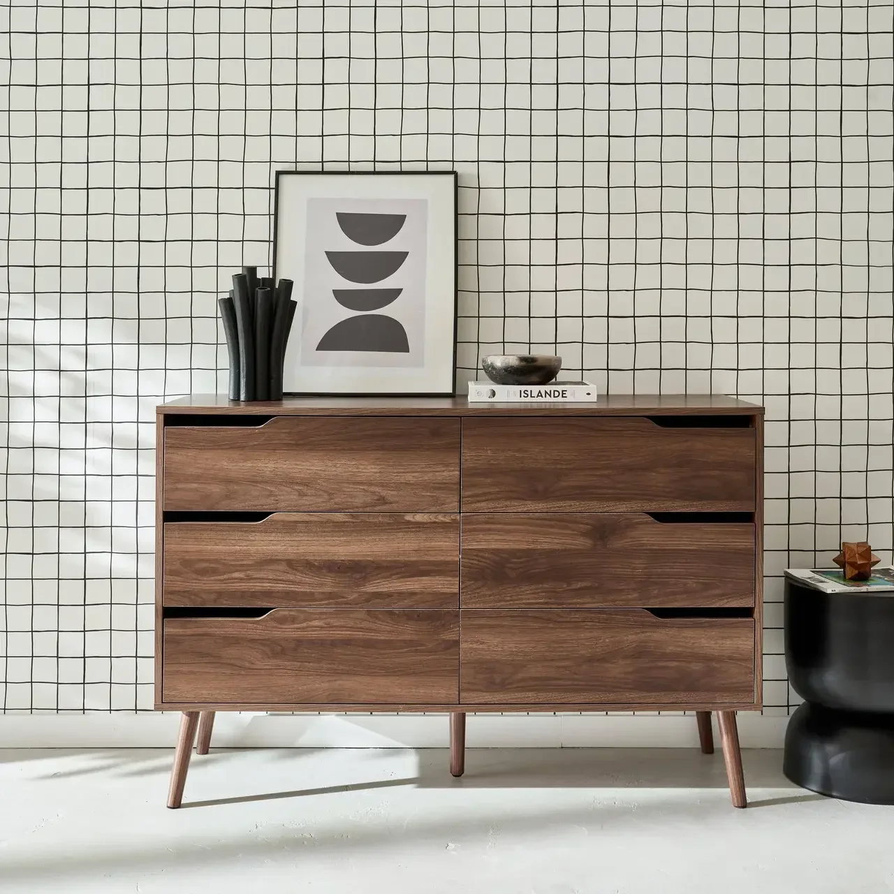 Commode bois massif 6 tiroirs style scandinave Népal noyer