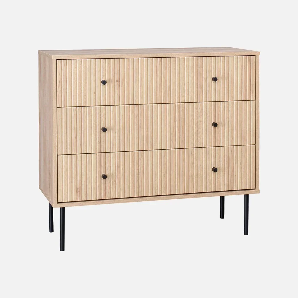 Commode 3 tiroirs bois rainuré style industriel noir
