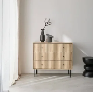 Commode 3 tiroirs bois rainuré style industriel noir
