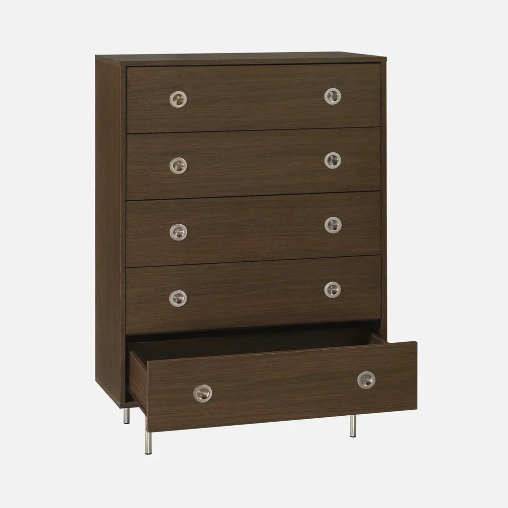 Commode rétro 5 tiroirs bois massif métal inox Shelby vintage chambre
