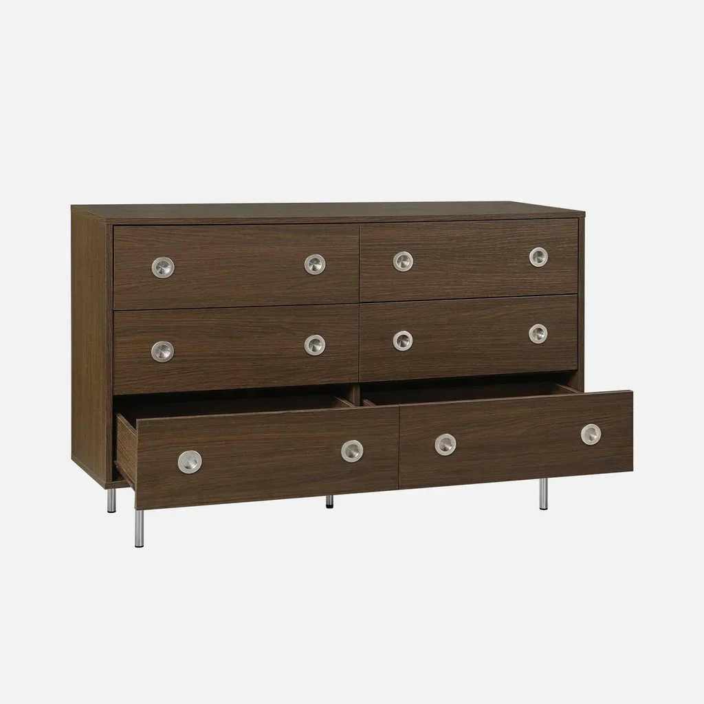 Commode rétro Shelby 6 tiroirs bois noyer et métal inox style vintage