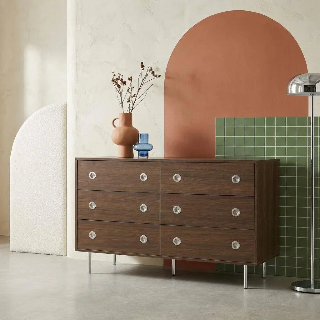 Commode rétro Shelby 6 tiroirs bois noyer et métal inox style vintage