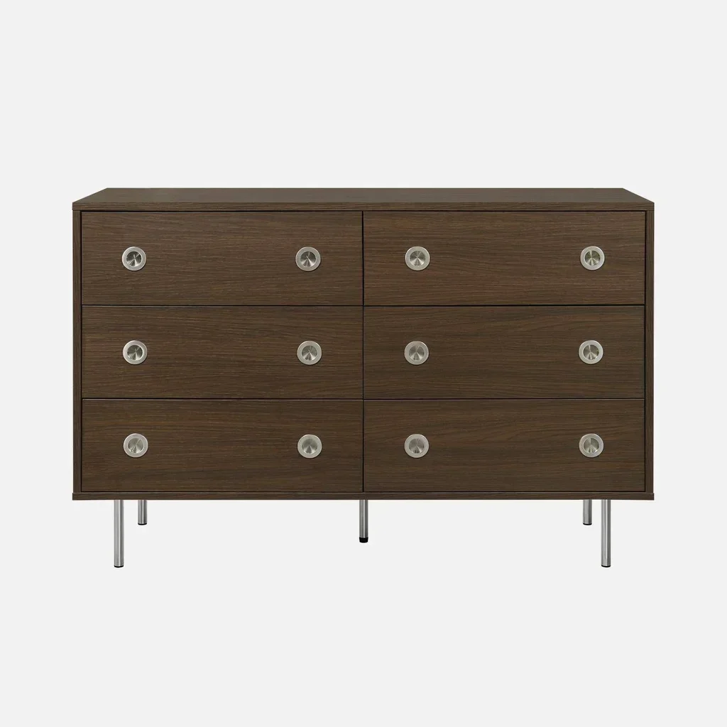 Commode rétro Shelby 6 tiroirs bois noyer et métal inox style vintage