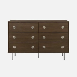 Commode rétro Shelby 6 tiroirs bois noyer et métal inox style vintage