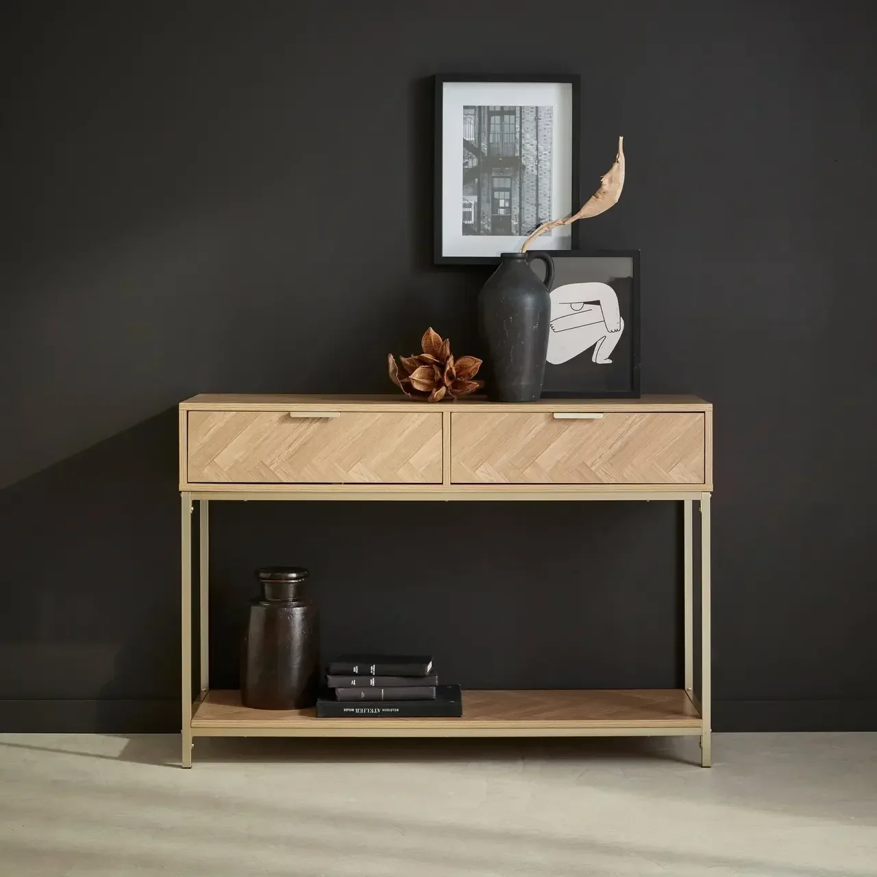 Console entrée 2 tiroirs motif chevron bois Budapest