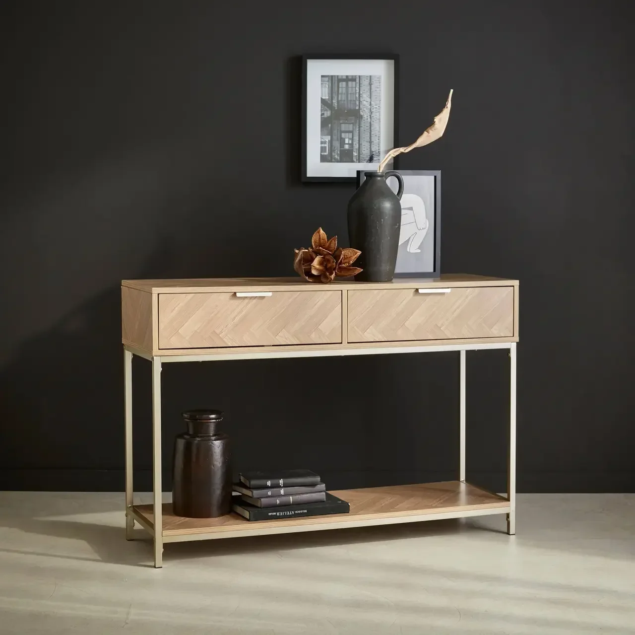 Console entrée 2 tiroirs motif chevron bois Budapest