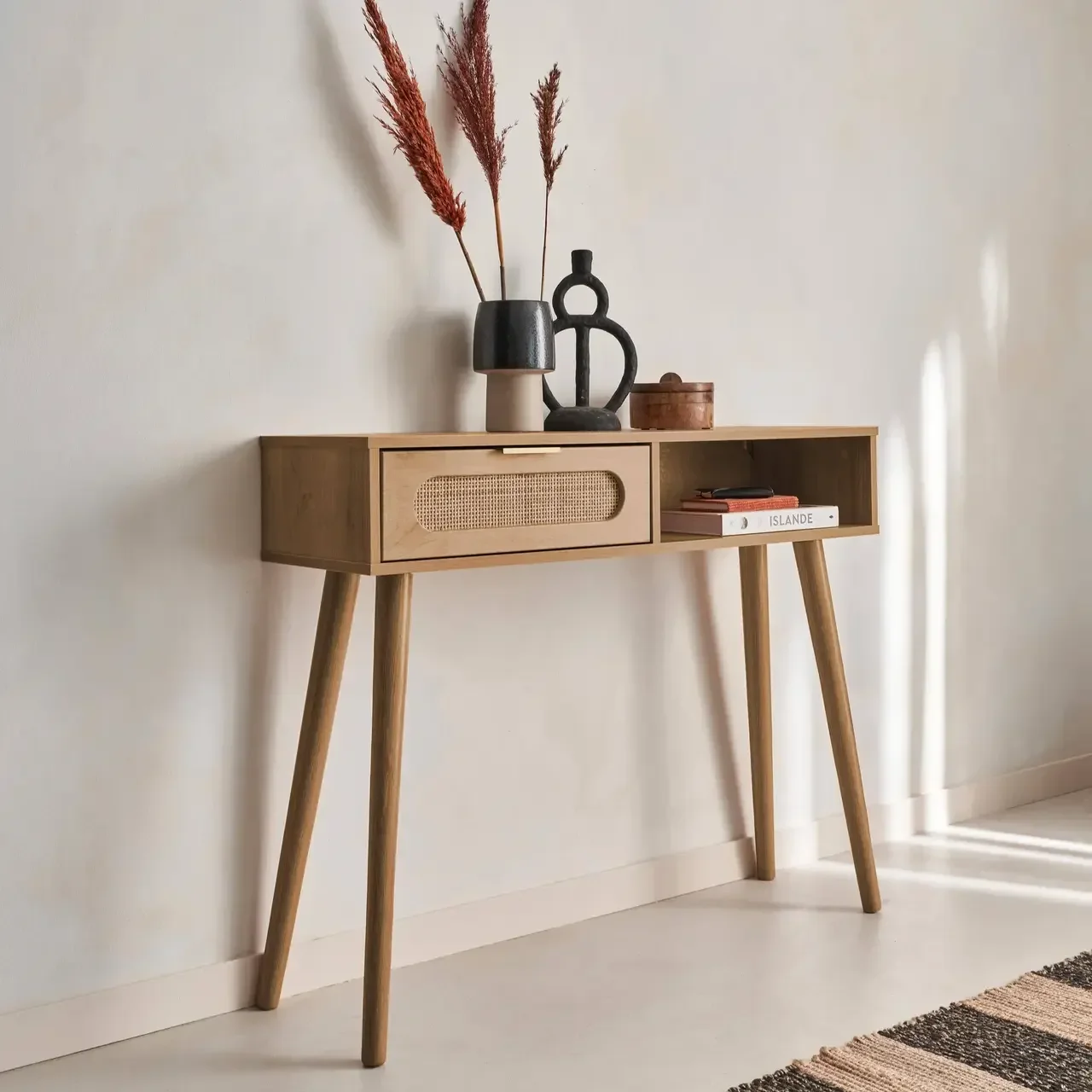Console entrée scandinave cannage bois naturel tiroir arrondi