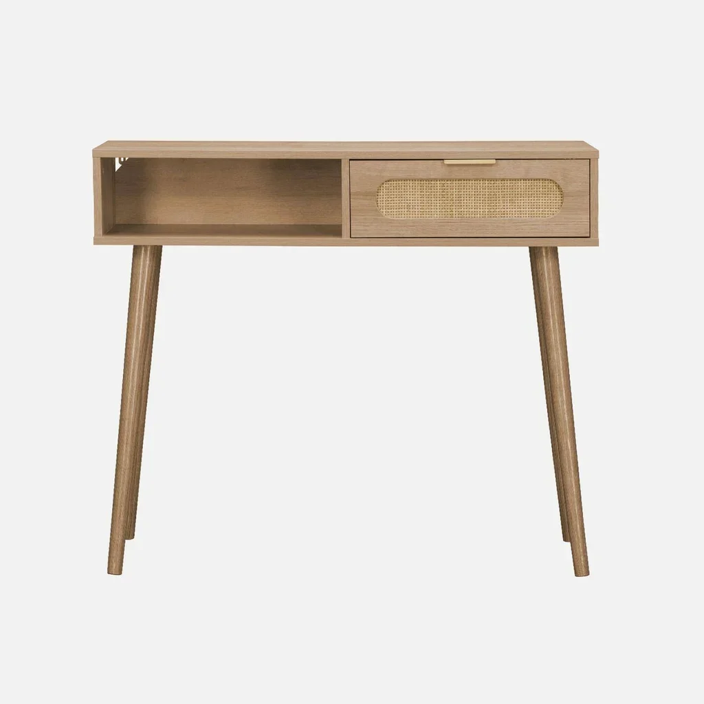 Console entrée scandinave cannage bois naturel tiroir arrondi