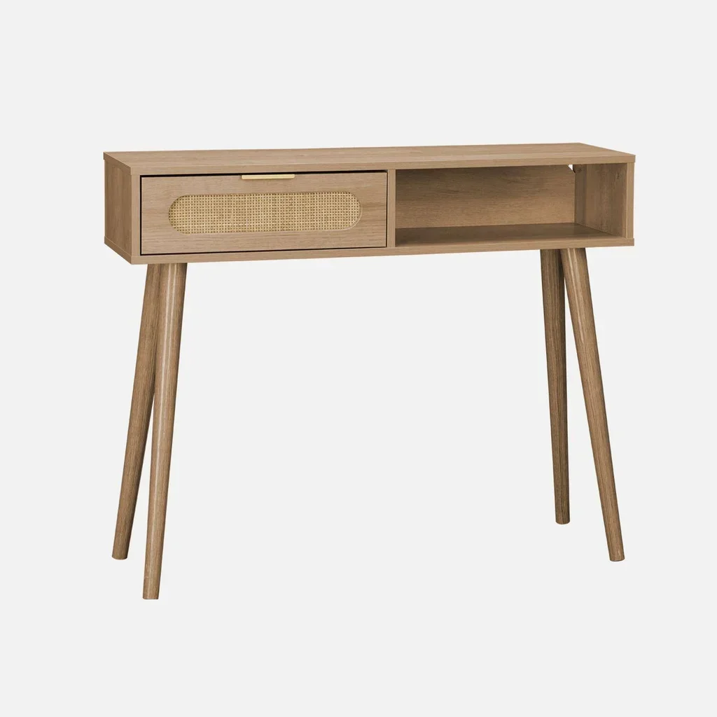 Console entrée scandinave cannage bois naturel tiroir arrondi