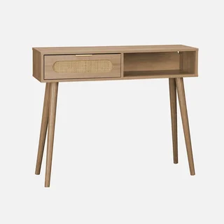 Console entrée scandinave cannage bois naturel tiroir arrondi