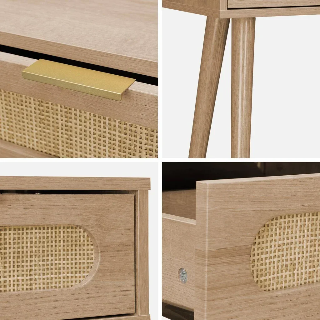 Console entrée scandinave cannage bois naturel tiroir arrondi