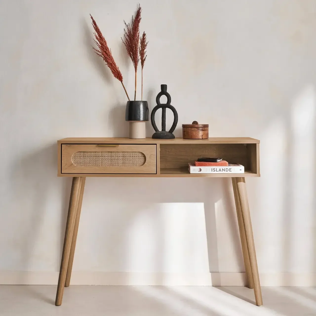 Console entrée scandinave cannage bois naturel tiroir arrondi