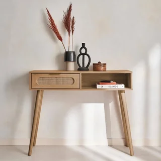 Console entrée scandinave cannage bois naturel tiroir arrondi