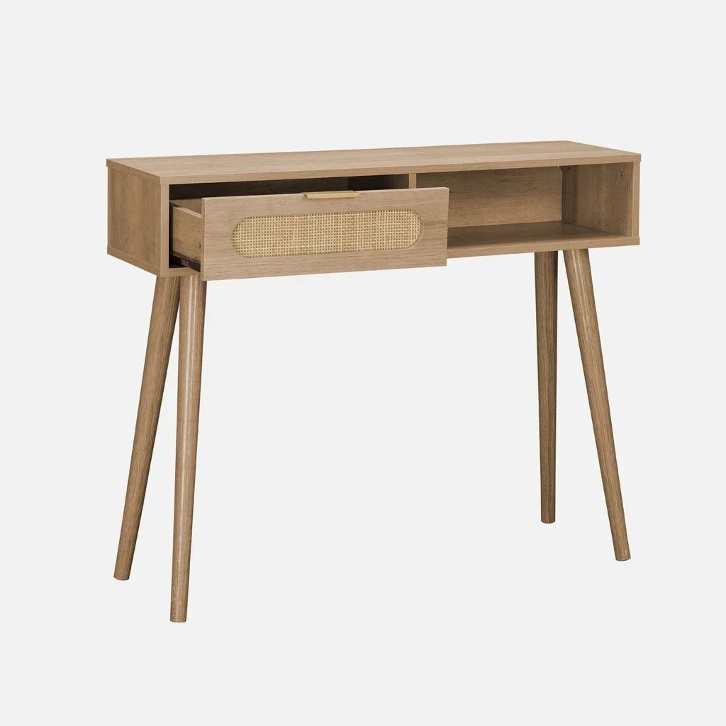 Console entrée scandinave cannage bois naturel tiroir arrondi