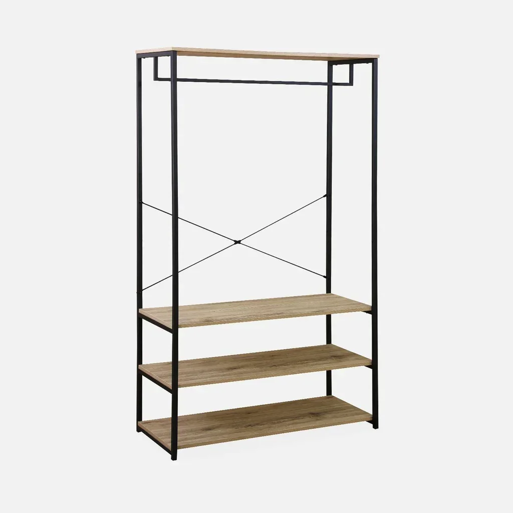 Console entrada industrial 3 prateleiras metal madeira preto guarda-roupa