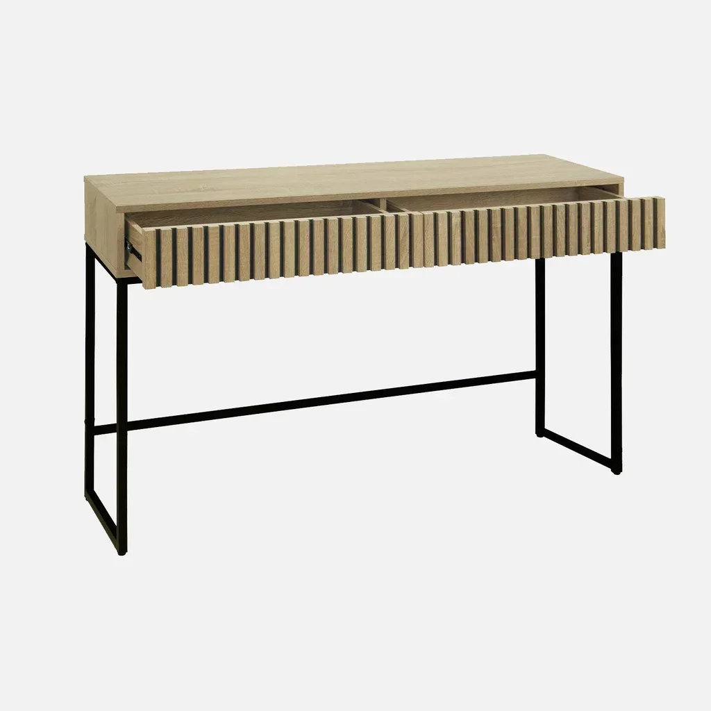 Console Lisbonne 2 tiroirs bois strié métal design moderne