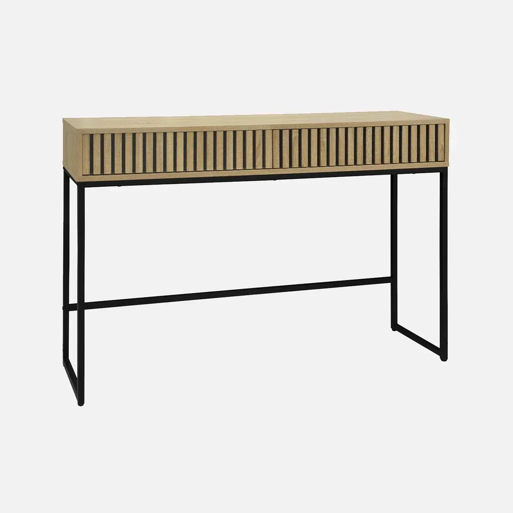 Console Lisbonne 2 tiroirs bois strié métal design moderne