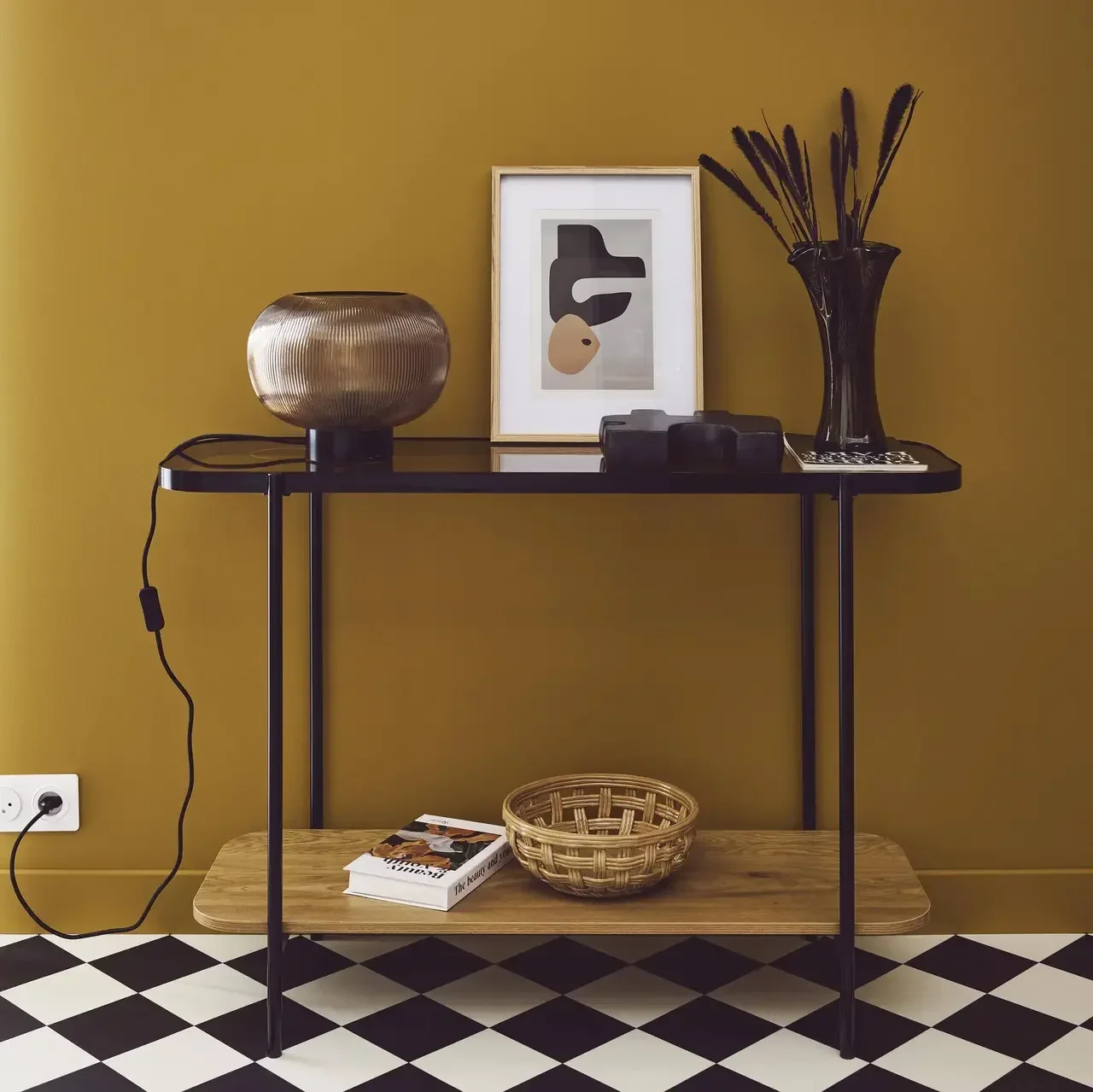 Console vintage métal noir et bois avec plateau verre trempé Smooky