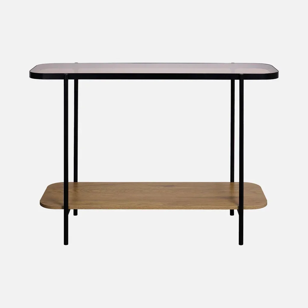 Console vintage métal noir et bois avec plateau verre trempé Smooky