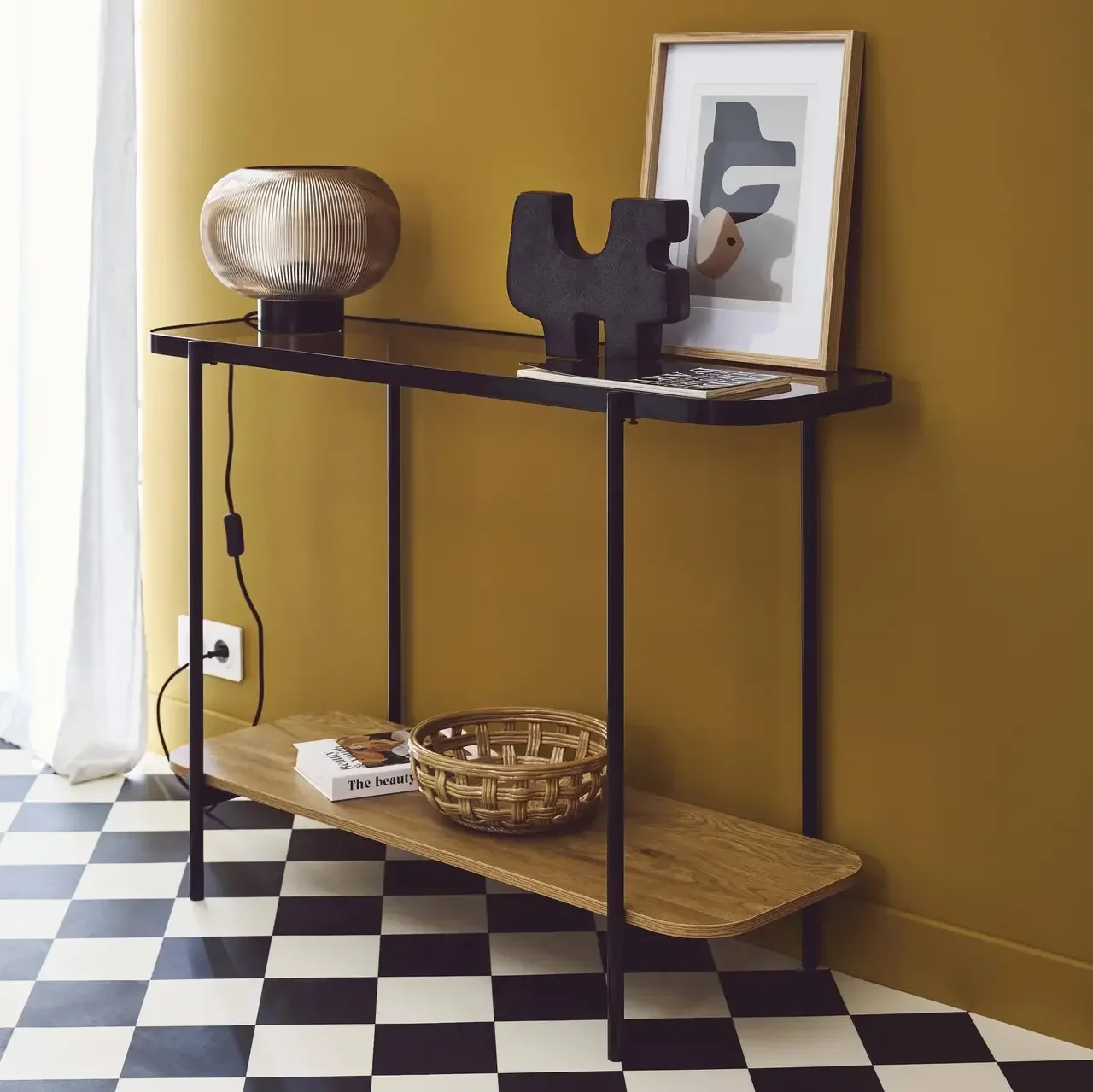 Console vintage métal noir et bois avec plateau verre trempé Smooky