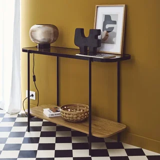 Console vintage métal noir et bois avec plateau verre trempé Smooky