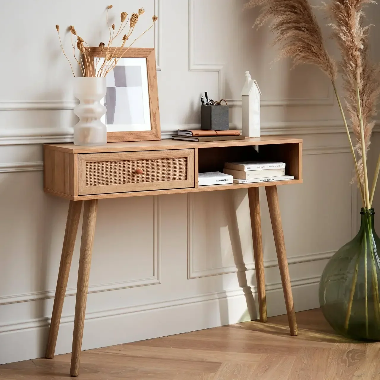 Console scandinave bois cannage avec tiroir réversible Bohème