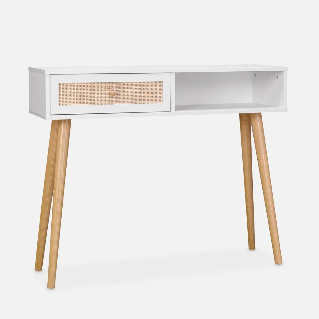 Console scandinave bois cannage tiroir vintage entrée salon