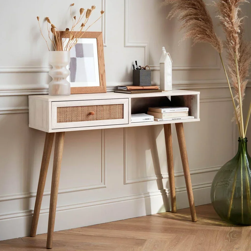 Console scandinave bois cannage tiroir vintage entrée salon