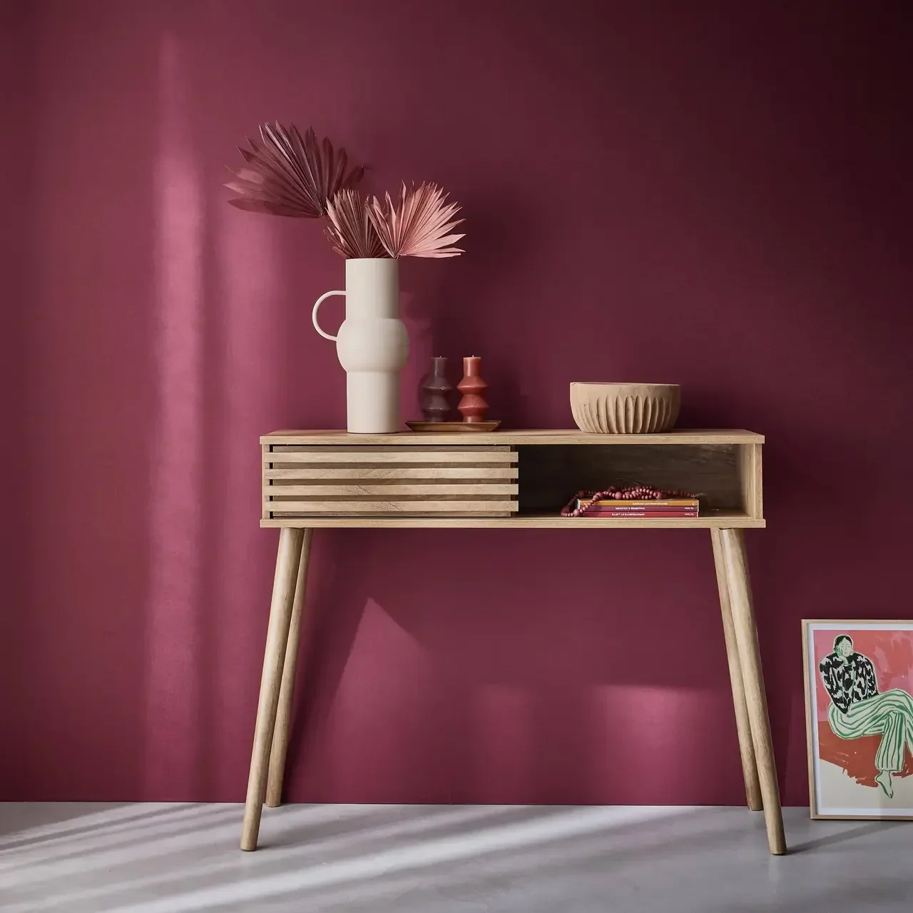 Console scandinave Madere porte coulissante rainurée bois