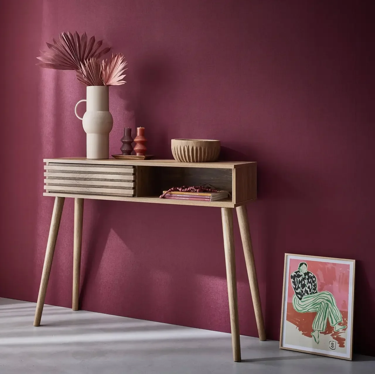 Console scandinave Madere porte coulissante rainurée bois