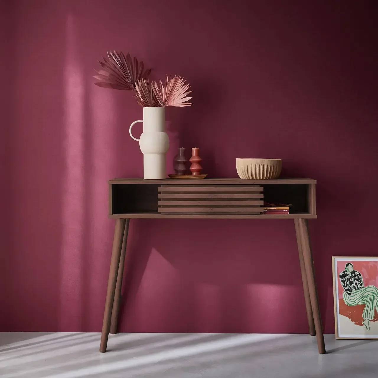 Console scandinave Madere porte coulissante rainurée bois