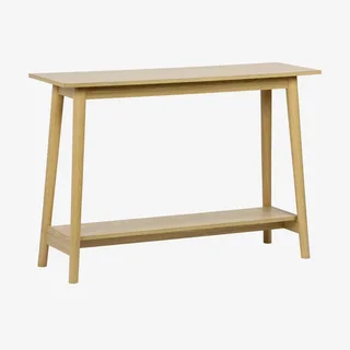 Console scandinave Népal en bois vintage avec pieds compas élégants pour entrée ou salon