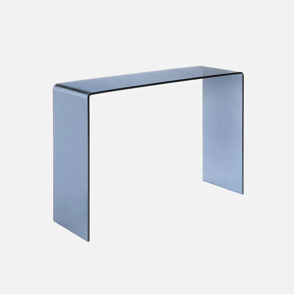 Console design verre trempé bleu gris Glintz entrée salon moderne