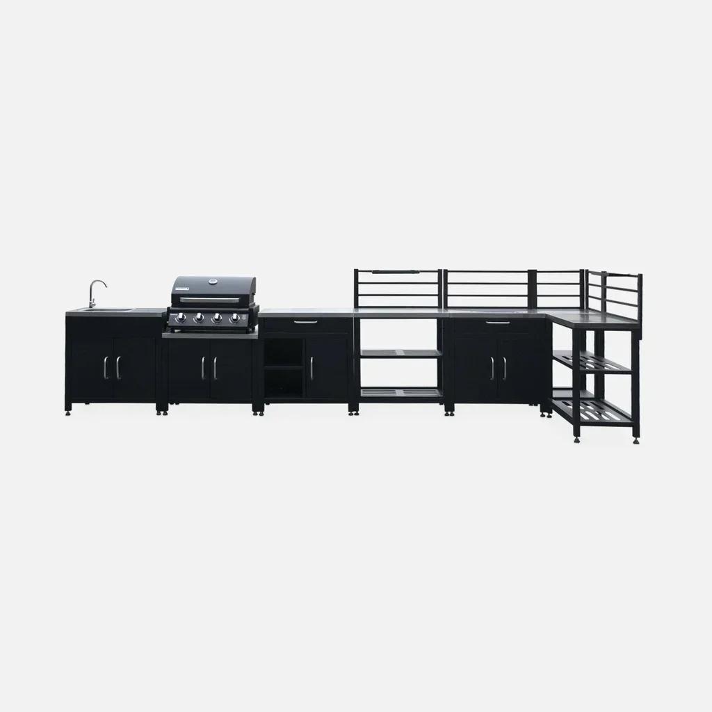 Cuisine d'extérieur modulable 7 éléments inox avec grill gaz et housse protection