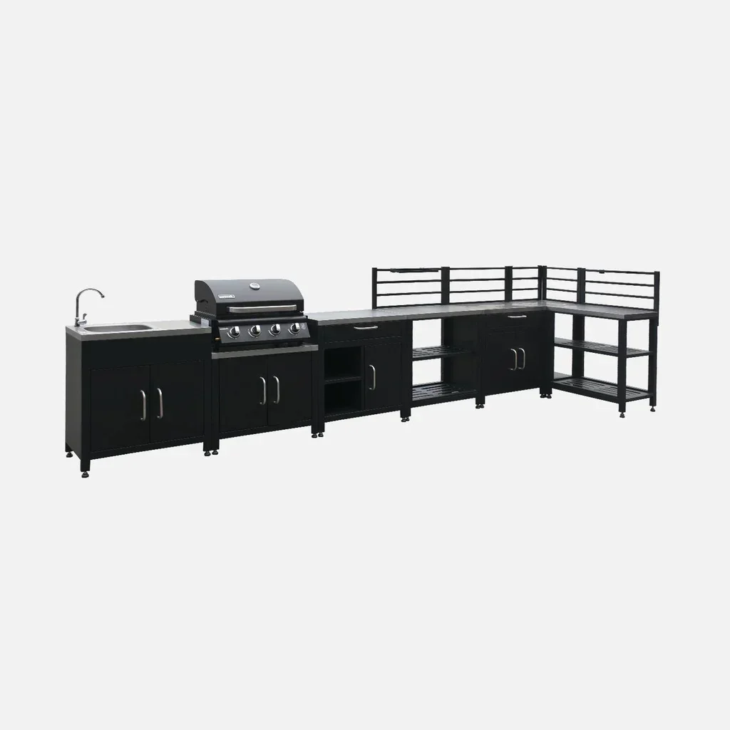 Cuisine d'extérieur modulable 7 éléments inox avec grill gaz et housse protection