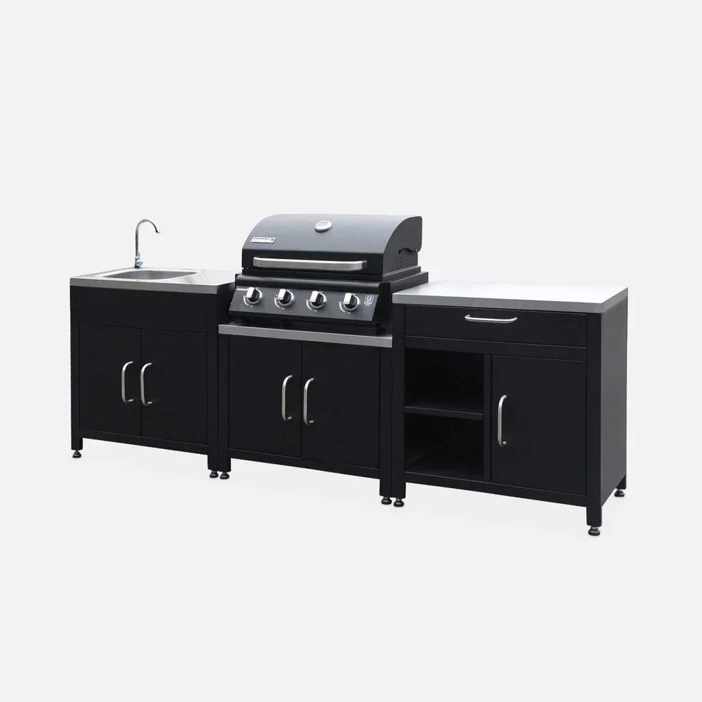 Cuisine d'extérieur modulable 7 éléments inox avec grill gaz et housse protection