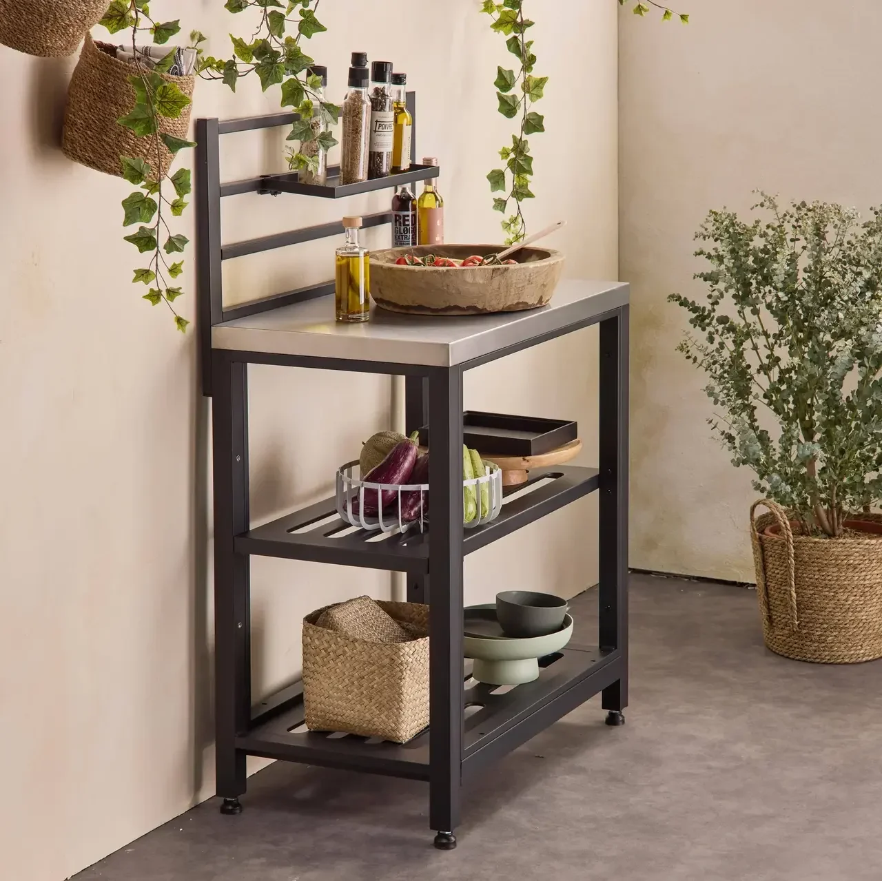 Black steel outdoor kitchen 2 shelves 80 cm Grimaud