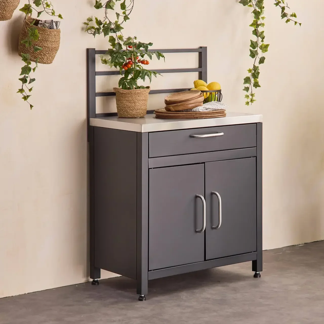 Module cuisine extérieur acier 80cm 1 tiroir 2 portes grille suspension noir inox