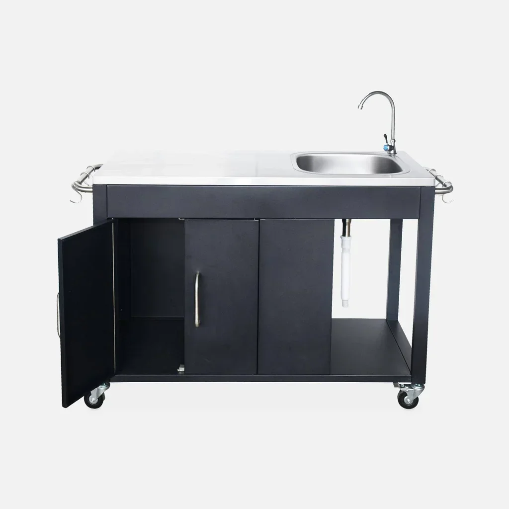 Outdoor kitchen steel with sink and storage 139 cm