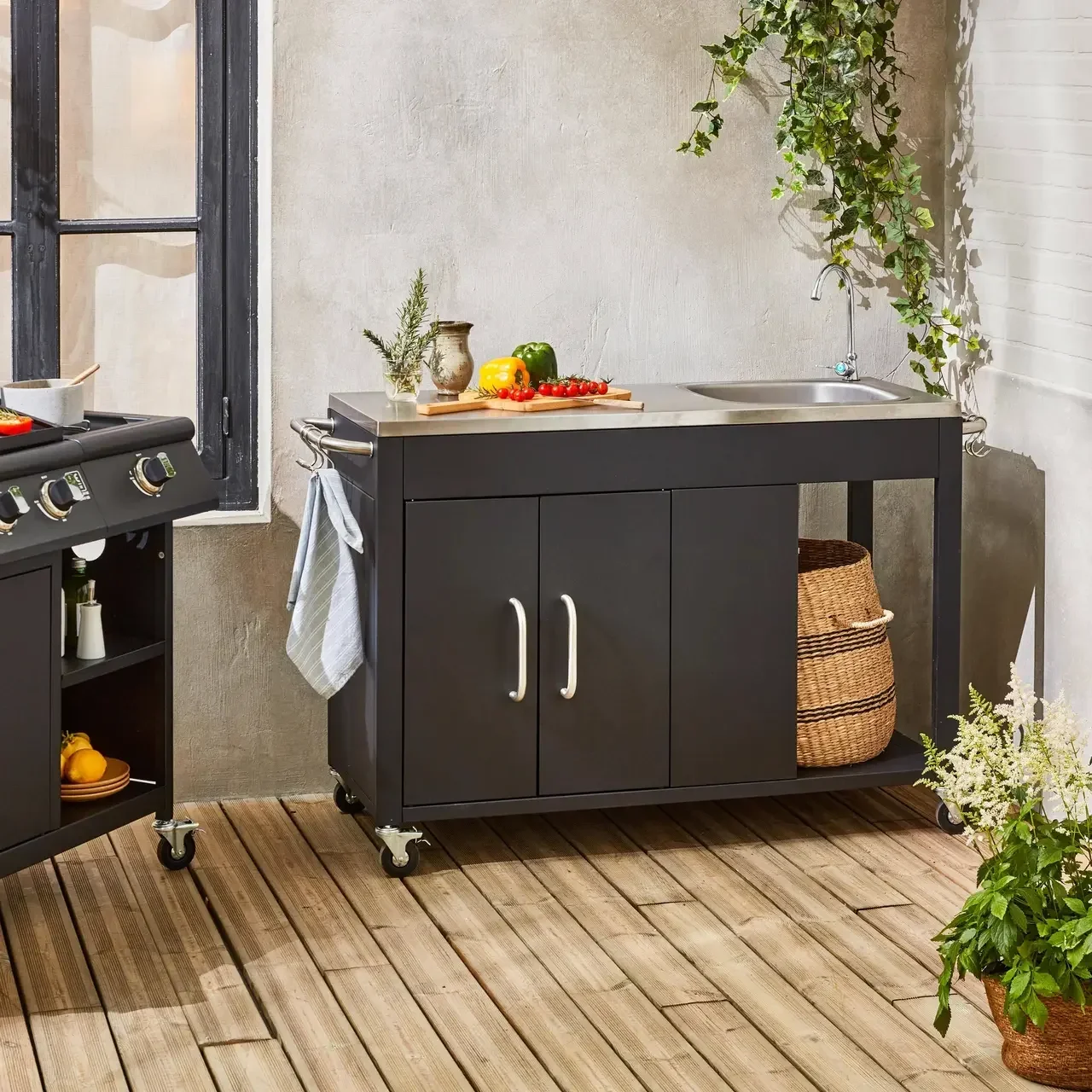 Outdoor kitchen steel with sink and storage 139 cm
