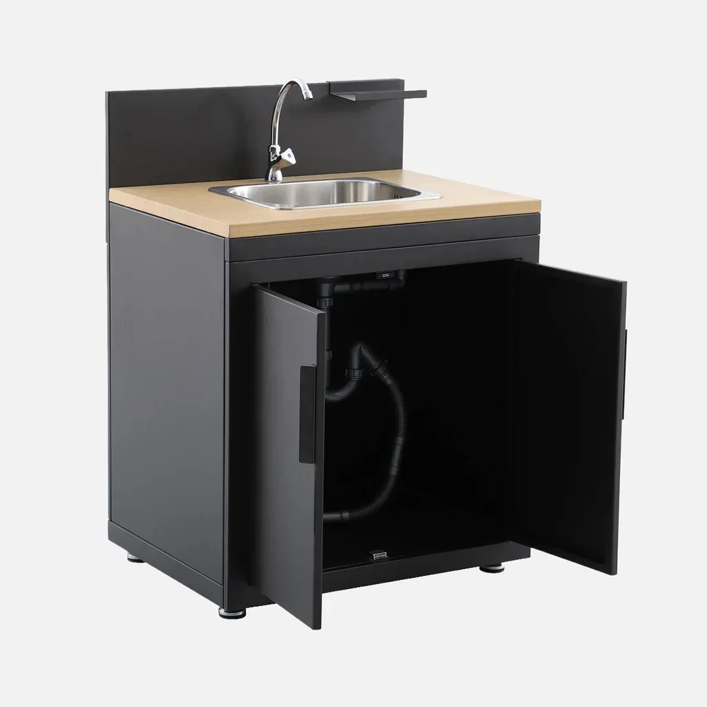 Outdoor kitchen steel wood 80cm with sink and storage Milos