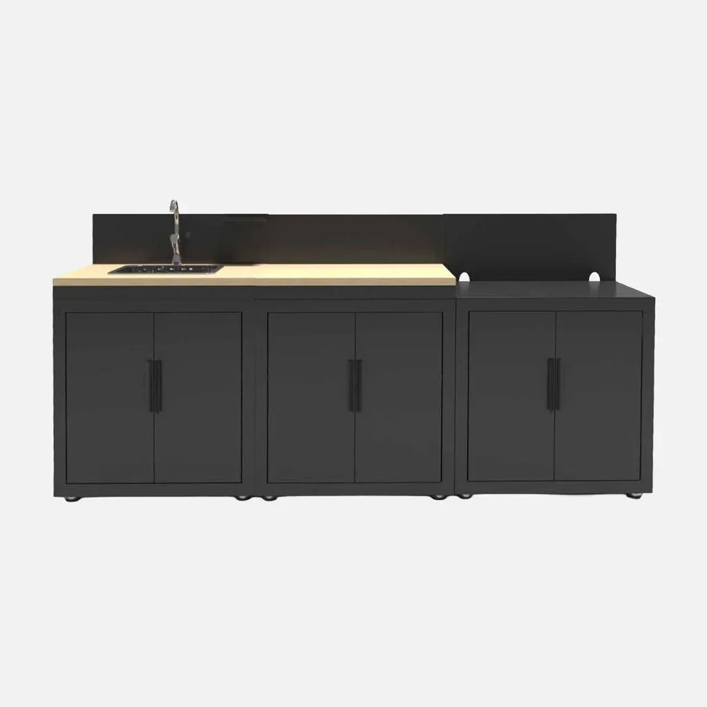 Cuisine extérieure modulable 3 modules acier noir finition bois Milos