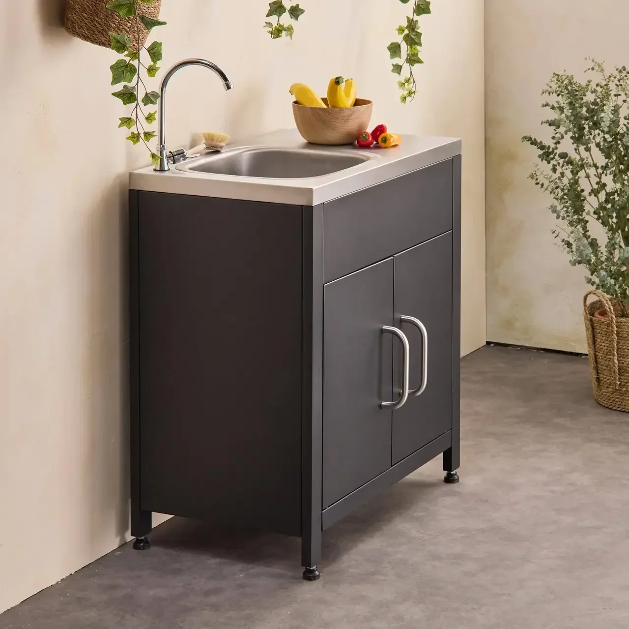 Cuisine extérieure acier avec évier 80 cm - Meuble de jardin noir robuste
