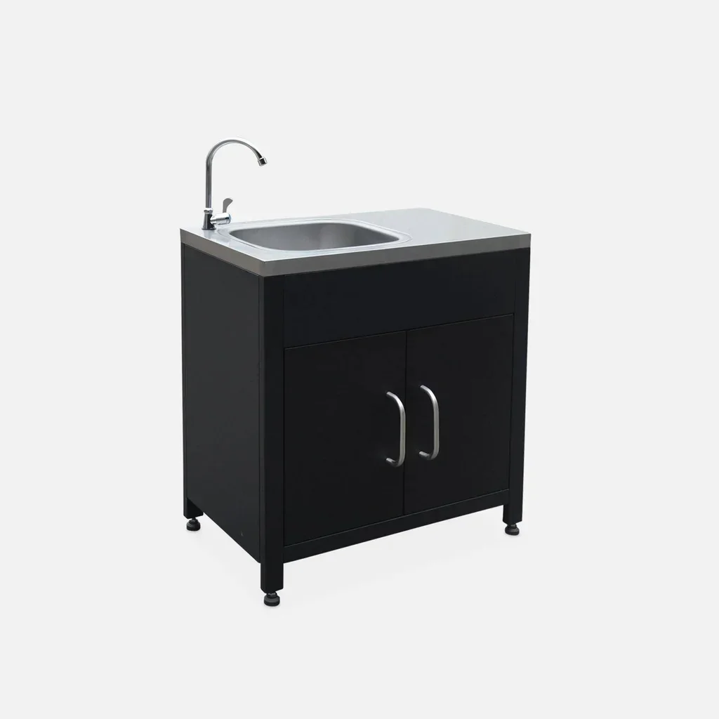 Cuisine extérieure acier avec évier 80 cm - Meuble de jardin noir robuste