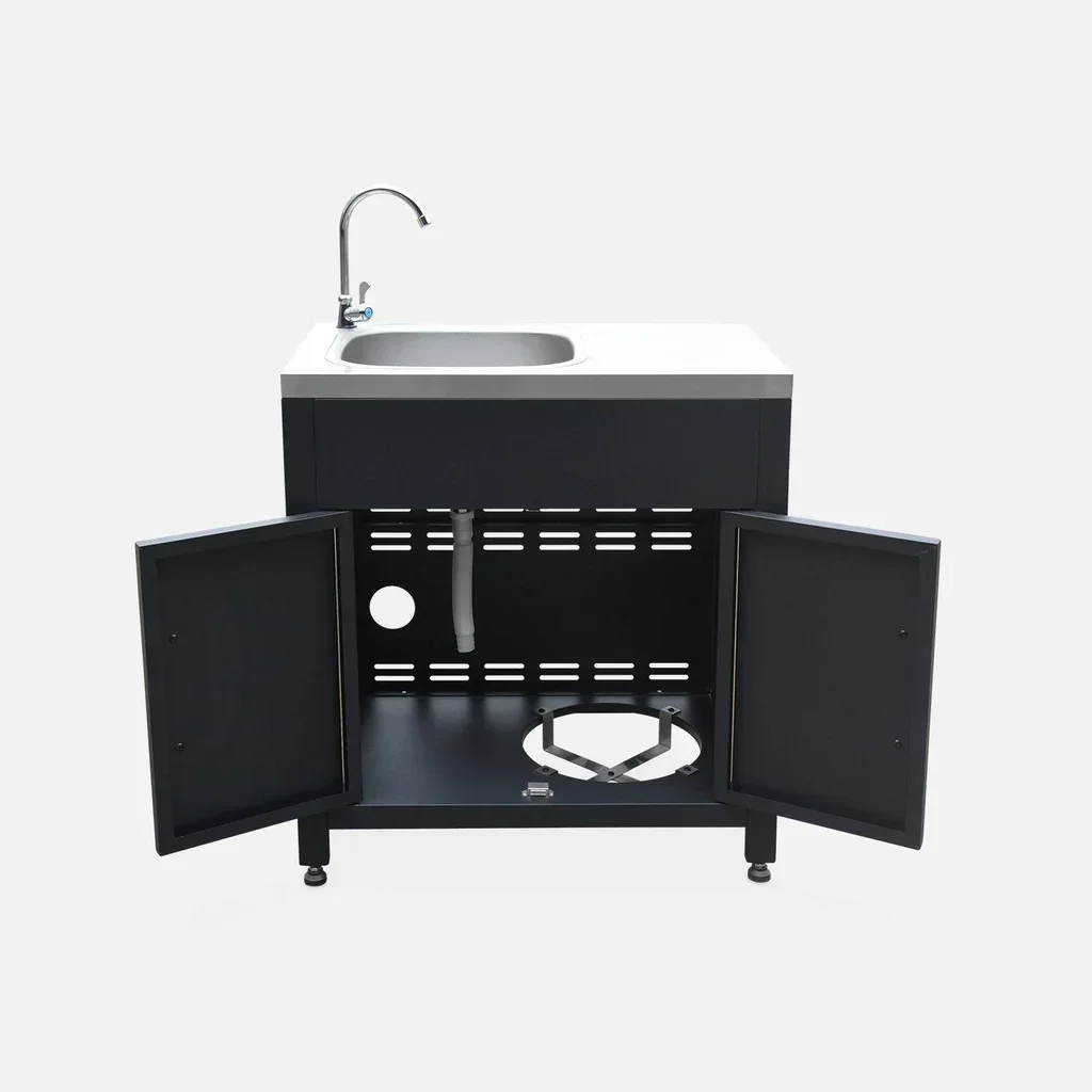 Cuisine extérieure acier avec évier 80 cm - Meuble de jardin noir robuste