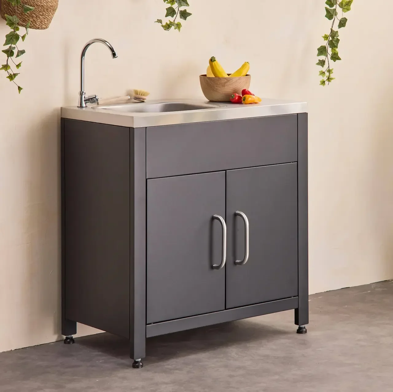 Cuisine extérieure acier avec évier 80 cm - Meuble de jardin noir robuste