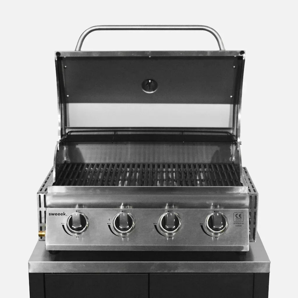Barbecue gaz 4 feux Grimaud avec desserte cuisine extérieure acier inoxydable