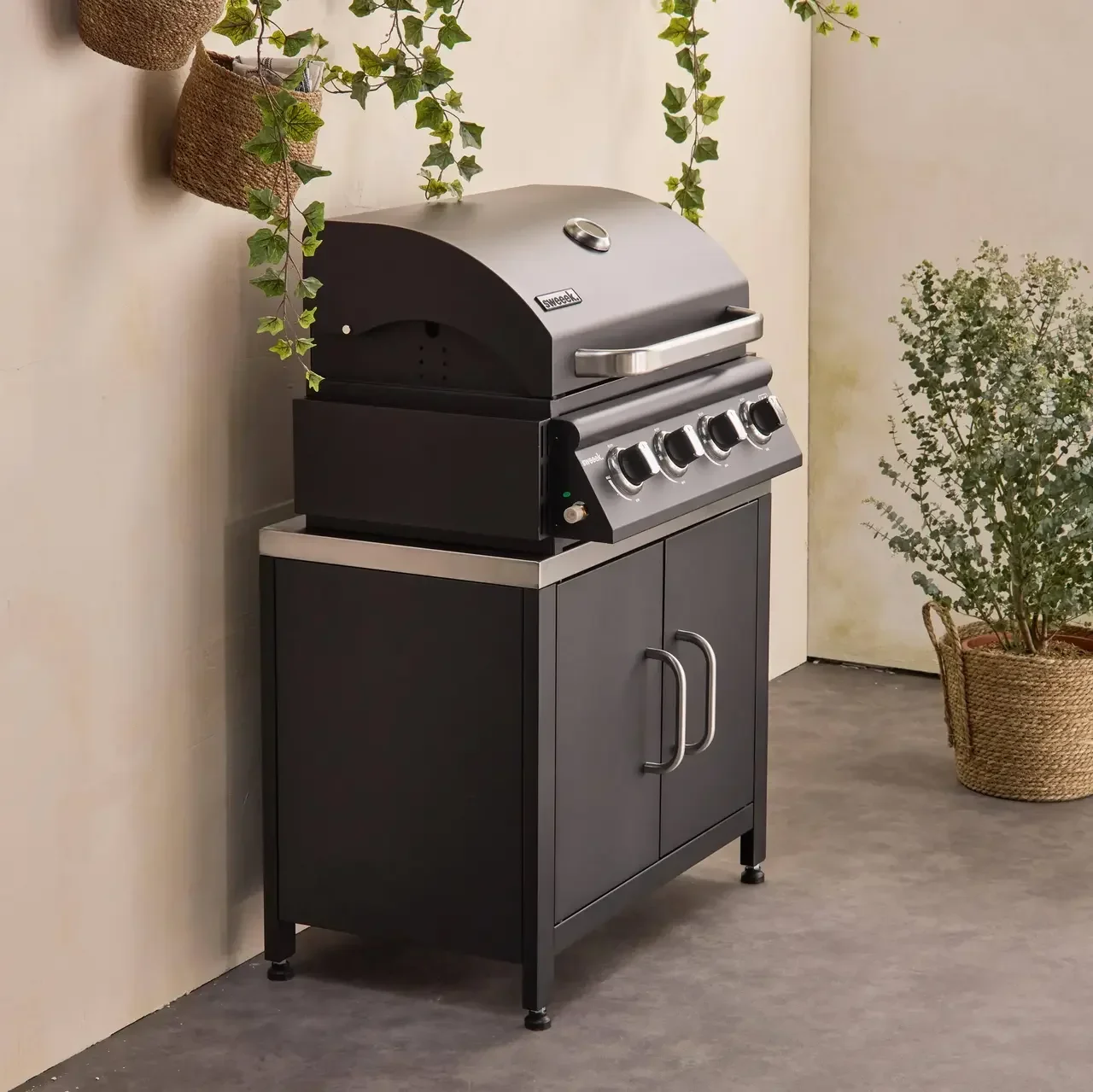 Outdoor kitchen stainless steel gas barbecue 4 burners Grimaud with side table