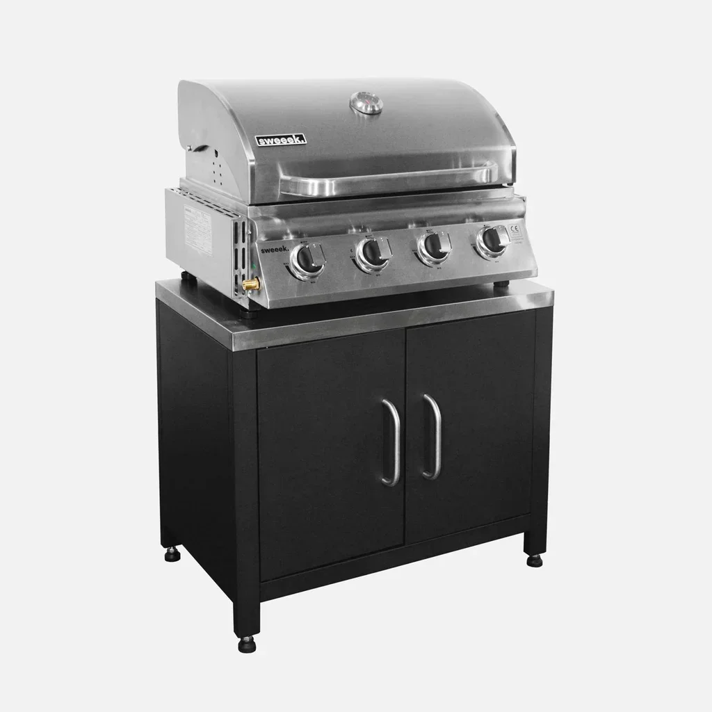 Barbecue gaz 4 feux Grimaud avec desserte cuisine extérieure acier inoxydable